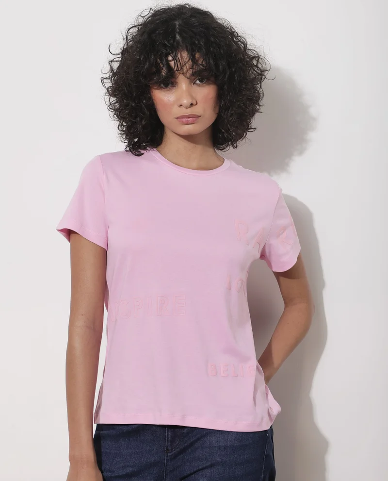 Rareism Women's Casual Chic Crew Neck Tee With Flock Print