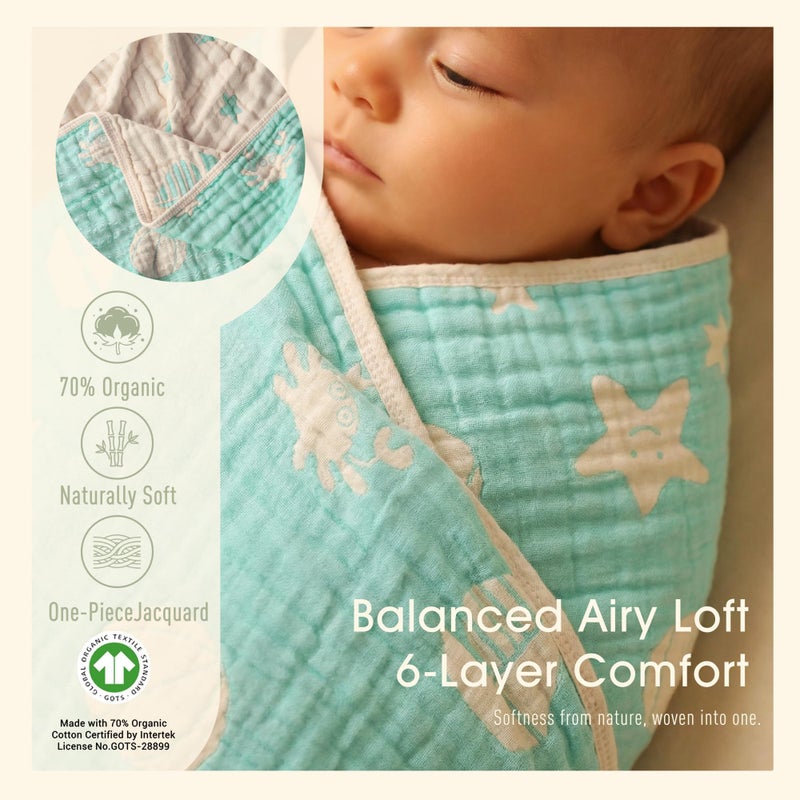 HardNok 6-Layer Muslin Baby Blanket Made with Organic Cotton - Serene Ocean Life & Sea Wonders Theme,Swaddle & Crib Quilt, 43" x 43",Green Ocean - Image 3