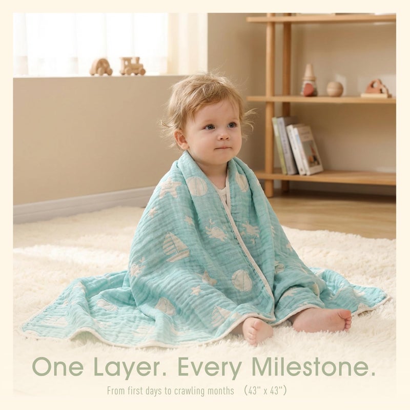 HardNok 6-Layer Muslin Baby Blanket Made with Organic Cotton - Serene Ocean Life & Sea Wonders Theme,Swaddle & Crib Quilt, 43" x 43",Green Ocean - Image 2