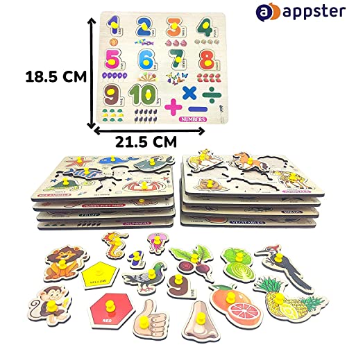 APPSTER 10pcs Wooden Jigsaw Puzzle Set for Kids | Animal, Fruit, Vegetable, Bird, Vehicle, Shape & Colour, Number, Monument of India, Body Part & Sea Animals | Educational Learning Toys for Toddlers - Image 2