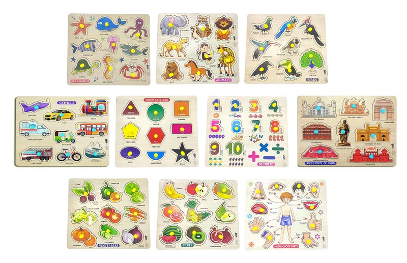 APPSTER 10pcs Wooden Jigsaw Puzzle Set for Kids | Animal, Fruit, Vegetable, Bird, Vehicle, Shape & Colour, Number, Monument of India, Body Part & Sea Animals | Educational Learning Toys for Toddlers - Image 1