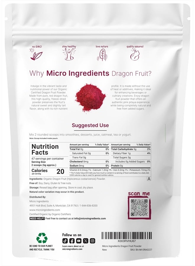 Micro Ingredients Organic Dragon Fruit Powder, 10oz | 100% Natural Fruit Powder | Freeze-Dried Pink Pitaya Source | No Sugar & Additives | Great Flavor for Drinks, Smoothie, & Beverages | Non-GMO & Vegan Friendly - Image 2