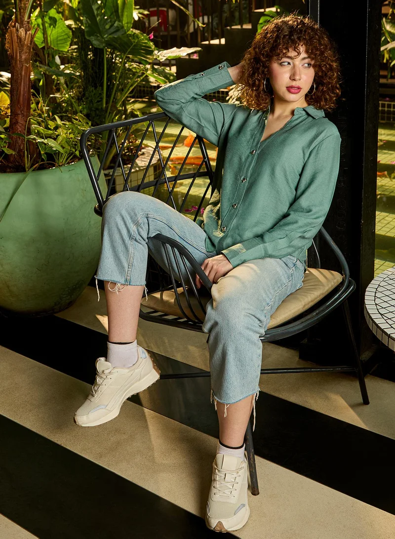 Pinacolada  Women's Olive Plain/Basic Relaxed Shirt For Casual Wear | V-Neck | Long Sleeve | Button Closure | Shirt Crafted With Viscose Comfort Fit For Everyday Wear for Women | Best Price UAE