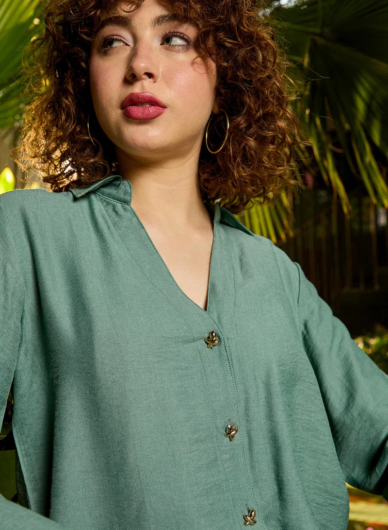 Pinacolada  Women's Olive Plain/Basic Relaxed Shirt For Casual Wear | V-Neck | Long Sleeve | Button Closure | Shirt Crafted With Viscose Comfort Fit For Everyday Wear for Women | Best Price UAE