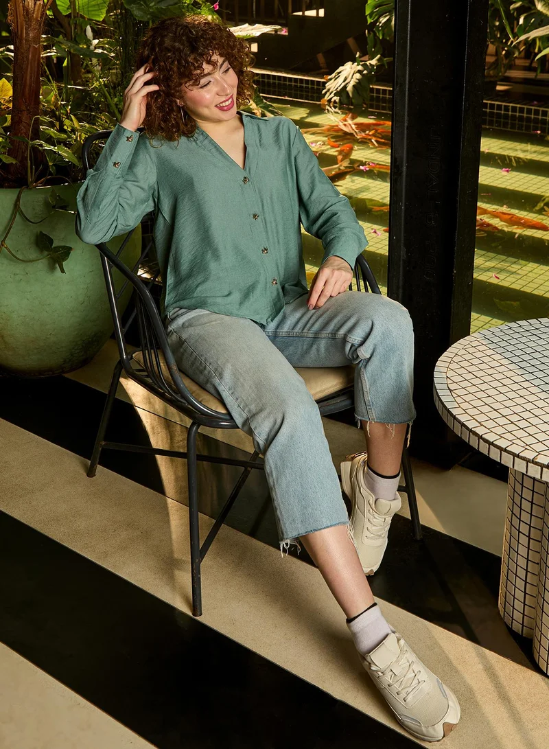 Pinacolada  Women's Olive Plain/Basic Relaxed Shirt For Casual Wear | V-Neck | Long Sleeve | Button Closure | Shirt Crafted With Viscose Comfort Fit For Everyday Wear for Women | Best Price UAE