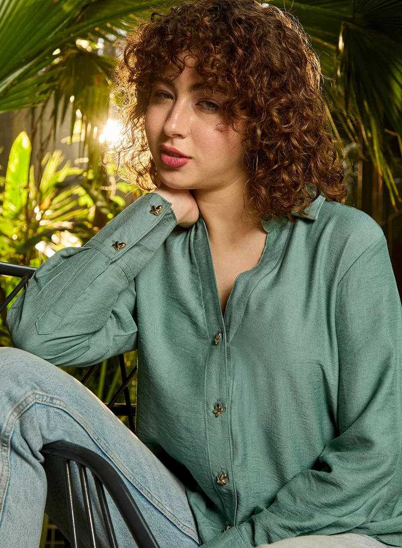 Pinacolada  Women's Olive Plain/Basic Relaxed Shirt For Casual Wear | V-Neck | Long Sleeve | Button Closure | Shirt Crafted With Viscose Comfort Fit For Everyday Wear for Women | Best Price UAE