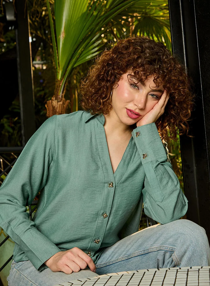 Pinacolada Women's Olive Plain/Basic Relaxed Shirt For Casual Wear | V-Neck | Long Sleeve | Button Closure | Shirt Crafted With Viscose Comfort Fit For Everyday Wear