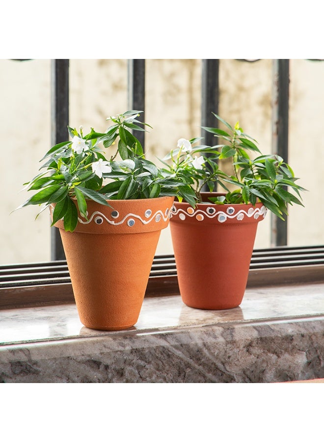 ARK Hand-Painted Terracotta Planter for Indoor & Balcony Plants | Natural Clay Pot with Minimal Boho Border Design | Breathable Plant Pot - Image 4