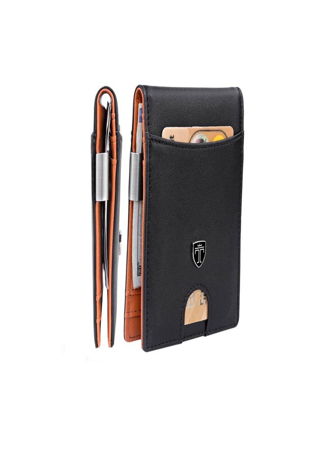 TRAVANDO Money Clip Wallet RIO - Mens Wallets slim Front Pocket RFID Blocking Card Holder Minimalist Mini Bifold Gift Box (Smooth Leather, Black & Orange) - Image 1