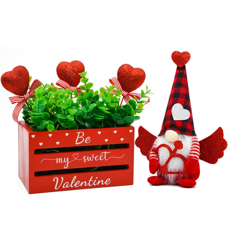 nuvagiki Valentine's Day Table Decor, Glitter Heart Valentine's Day Tiered Tray Wooden Crate with Gnome Plush, Valentine Day Farmhouse Kitchen Table Centerpiece Decor for Home Indoor - Image 1