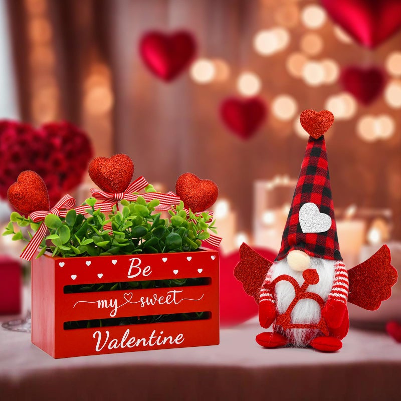 nuvagiki Valentine's Day Table Decor, Glitter Heart Valentine's Day Tiered Tray Wooden Crate with Gnome Plush, Valentine Day Farmhouse Kitchen Table Centerpiece Decor for Home Indoor - Image 2