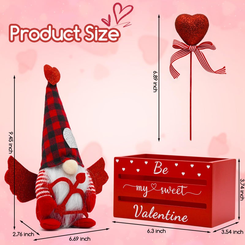 nuvagiki Valentine's Day Table Decor, Glitter Heart Valentine's Day Tiered Tray Wooden Crate with Gnome Plush, Valentine Day Farmhouse Kitchen Table Centerpiece Decor for Home Indoor - Image 3