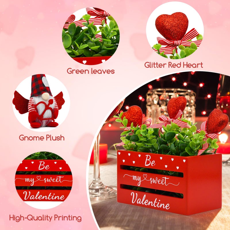 nuvagiki Valentine's Day Table Decor, Glitter Heart Valentine's Day Tiered Tray Wooden Crate with Gnome Plush, Valentine Day Farmhouse Kitchen Table Centerpiece Decor for Home Indoor - Image 4