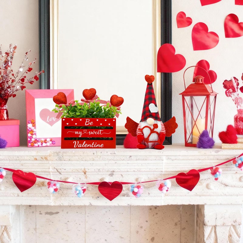 nuvagiki Valentine's Day Table Decor, Glitter Heart Valentine's Day Tiered Tray Wooden Crate with Gnome Plush, Valentine Day Farmhouse Kitchen Table Centerpiece Decor for Home Indoor - Image 5