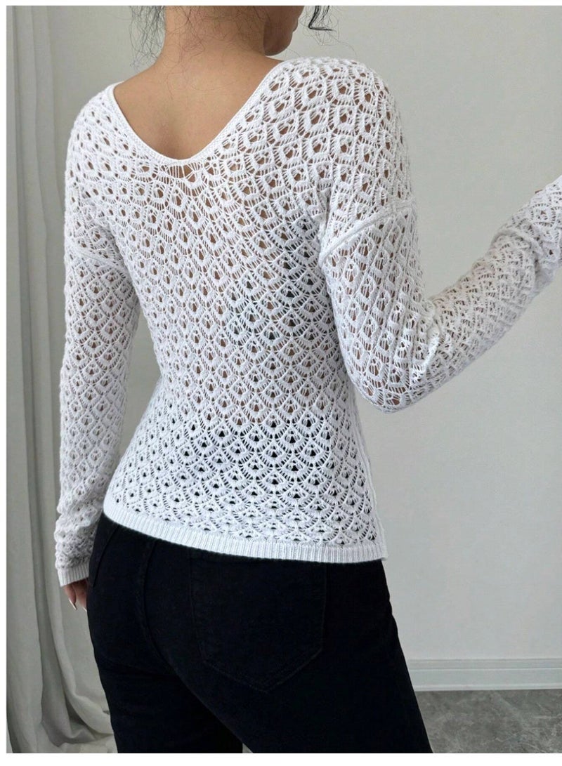 Shein Women's Solid Color Twist Knot Long Sleeve Sheer Pullover Sweater, Casual & Holiday Knit Pullover - Image 4