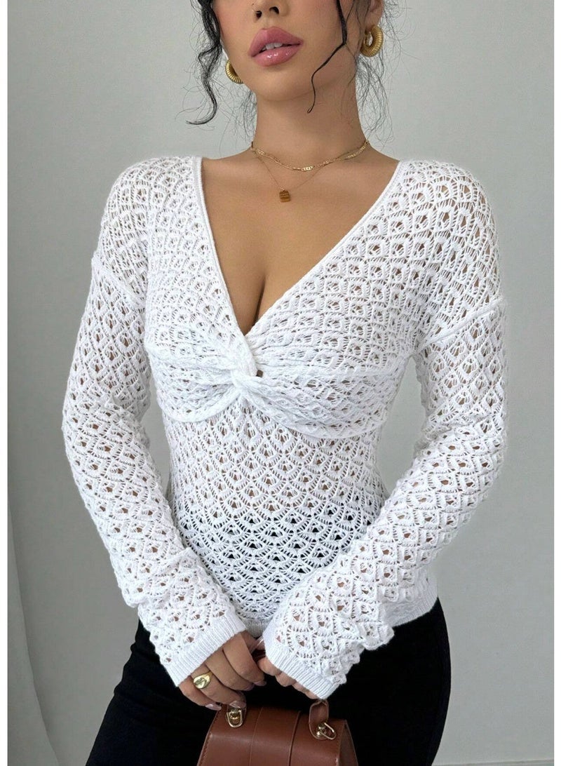 Shein Women's Solid Color Twist Knot Long Sleeve Sheer Pullover Sweater, Casual & Holiday Knit Pullover - Image 3