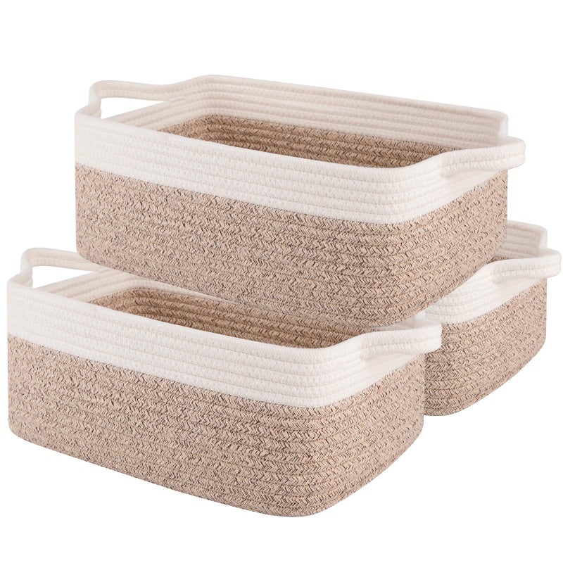 OIAHOMY 3 Pack Storage Baskets for Organizing, Woven Cotton Rope Basket for Shelves, Closet Organizer Bins with Handles, Rectangle Toy Organization, 13.78''Ã—9.84''Ã—5.5'', Brown & White - Image 1