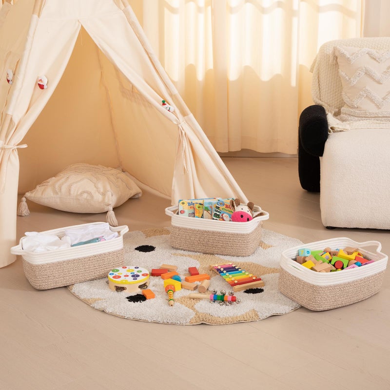 OIAHOMY 3 Pack Storage Baskets for Organizing, Woven Cotton Rope Basket for Shelves, Closet Organizer Bins with Handles, Rectangle Toy Organization, 13.78''Ã—9.84''Ã—5.5'', Brown & White - Image 5