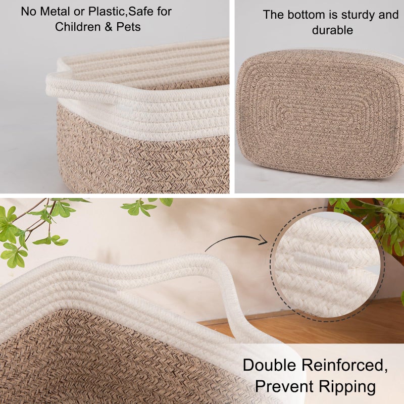 OIAHOMY 3 Pack Storage Baskets for Organizing, Woven Cotton Rope Basket for Shelves, Closet Organizer Bins with Handles, Rectangle Toy Organization, 13.78''Ã—9.84''Ã—5.5'', Brown & White - Image 4