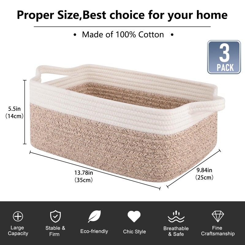 OIAHOMY 3 Pack Storage Baskets for Organizing, Woven Cotton Rope Basket for Shelves, Closet Organizer Bins with Handles, Rectangle Toy Organization, 13.78''Ã—9.84''Ã—5.5'', Brown & White - Image 3