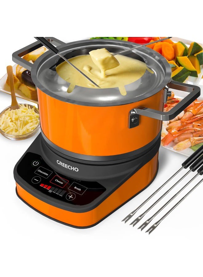 GREECHO Fondue Pot Electric Set, 2.6 Qt Stainless Steel Electric Fondue Pot with 3 Preset Mode (Cheese, Chocolate & Broth), 1200W Fondue Pot Set with Separated Fondue Pot & 6 Color-Coded Forks, Orange - Image 1