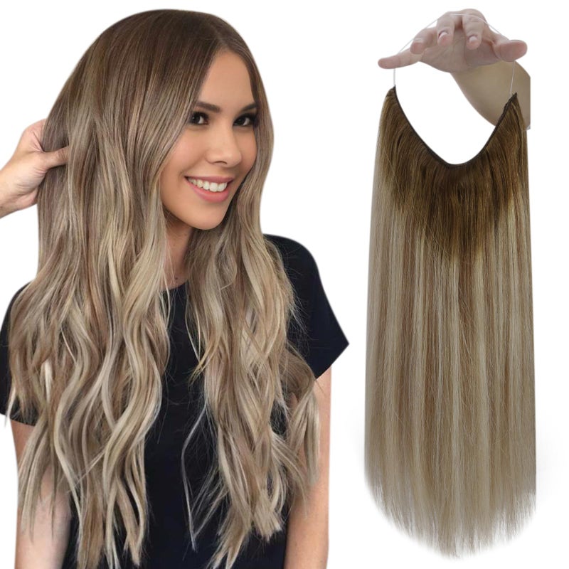 Fshine Invisible Wire Hair Extensions Real Human Hair 14 Inch Wire Human Hair Extensions Balayage Walnut Brown to Ash Brown and Butter Blonde One Piece Hair Extensions Clip in Human Hair Remy Hair 70g