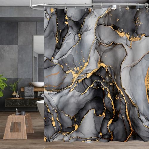 BayNook 4PCS Black Grey Marble Bathroom Sets with Shower Curtain and Rugs, Abstract Shower Curtain Sets with Rugs, Modern Bathroom Curtains Shower Set Accessories with Toilet Lid Cover - Image 4