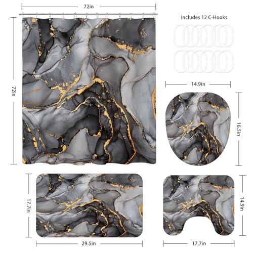 BayNook 4PCS Black Grey Marble Bathroom Sets with Shower Curtain and Rugs, Abstract Shower Curtain Sets with Rugs, Modern Bathroom Curtains Shower Set Accessories with Toilet Lid Cover - Image 2