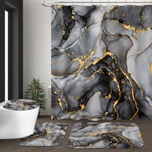 BayNook 4PCS Black Grey Marble Bathroom Sets with Shower Curtain and Rugs, Abstract Shower Curtain Sets with Rugs, Modern Bathroom Curtains Shower Set Accessories with Toilet Lid Cover - Image 3