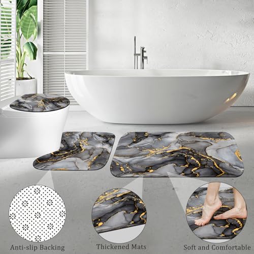 BayNook 4PCS Black Grey Marble Bathroom Sets with Shower Curtain and Rugs, Abstract Shower Curtain Sets with Rugs, Modern Bathroom Curtains Shower Set Accessories with Toilet Lid Cover - Image 5