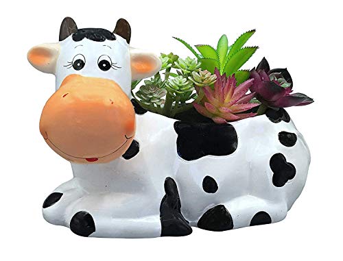 Sixdrop Cow Planter Pot - Cow Print Party Decoration Supplies - Garden Backyard Cow Stuff Statue - Flower Ceramic Succulent Planter - Plantador de Vacas - Large 9" with Drain - Image 1