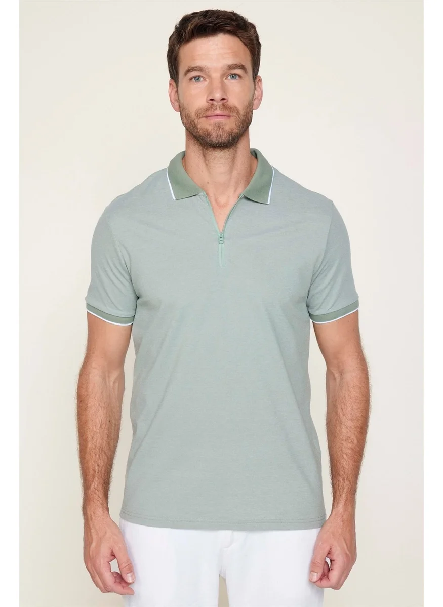 Tudors Men's Slim Fit Zippered Polo Neck Pique Cotton Mint T-Shirt