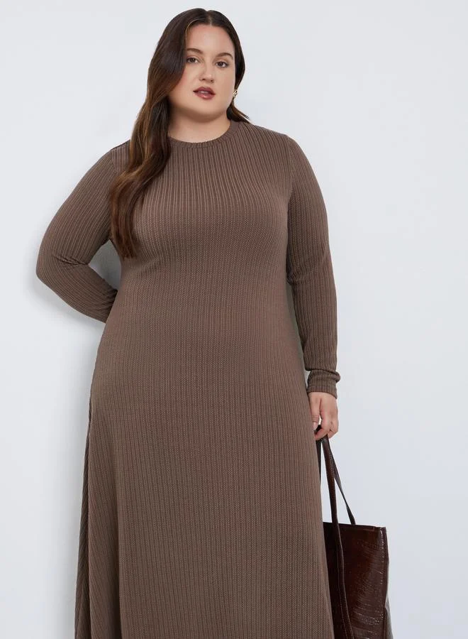 Styli Styli Plus Size Brown Cable Knit Midi Dress