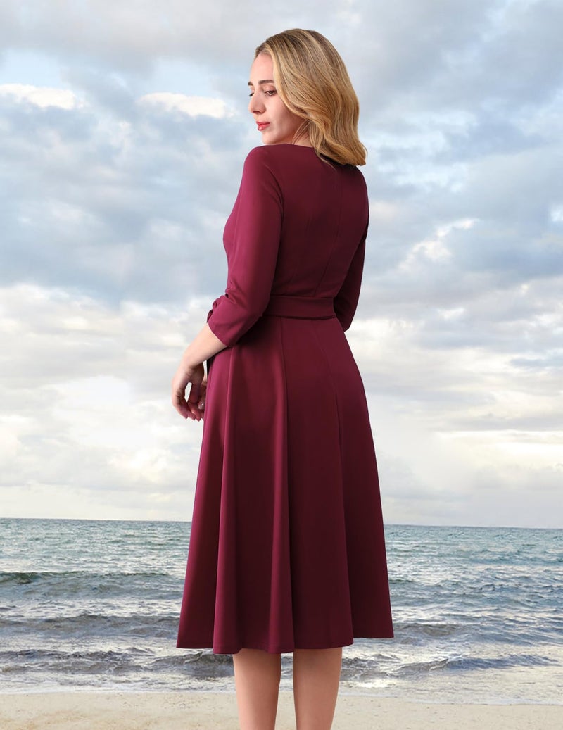 DRESSTELLS Vintage Tea Dress for Women, 1950s Cocktail Party Dresses, Modest Bridesmaid Dress for Wedding Guest, 3/4 Sleeve Formal Aline Church Dress, Fit Flare Prom Dress Burgundy XL - Image 4