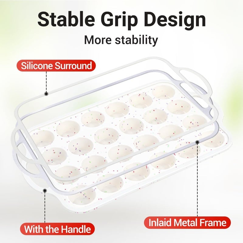 FUNBAKY Silicone Mini Muffin Pan, Metal Reinforced Frame 24 Cups Nonstick Mini Cupcake Pans with Handles Easy to Move for Baking Muffin, Cupcake, Egg Bites Oven Safe, Silicone Molds 2 Pack Confetti - Image 2