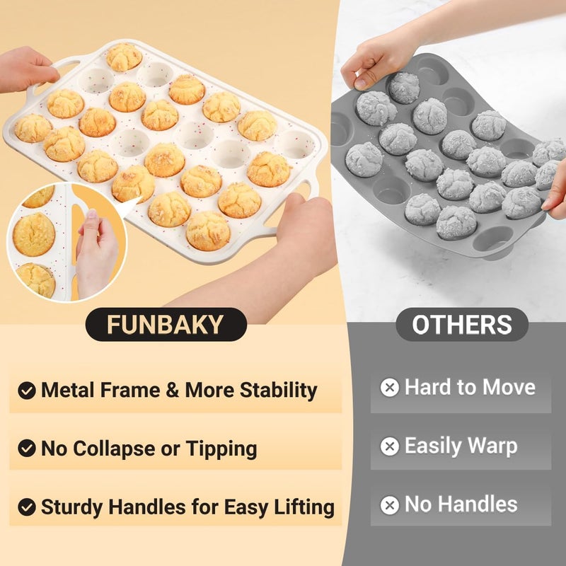 FUNBAKY Silicone Mini Muffin Pan, Metal Reinforced Frame 24 Cups Nonstick Mini Cupcake Pans with Handles Easy to Move for Baking Muffin, Cupcake, Egg Bites Oven Safe, Silicone Molds 2 Pack Confetti - Image 3
