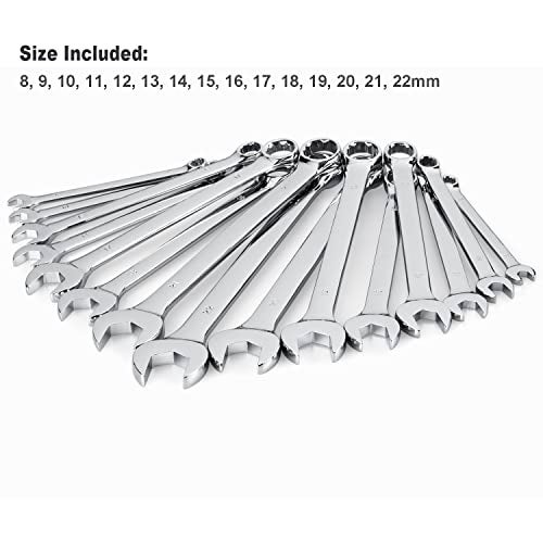 EFFICERE Max Torque 15-Piece Premium Combination Wrench Set, Chrome Vanadium Steel, Long Pattern Design | Include Metric Sizes 8, 9, 10, 11, 12, 13, 14, 15, 16, 17, 18, 19, 20, 21, 22mm with Storage Rack - Image 2