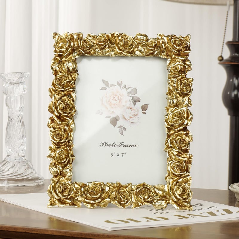 Cuspin 5x7 Picture Frame Vintage Gold Frames, Gold Ornate Rose Flower Resin Photo Frame with Glass Front for Wall Hanging or Tabletop Display, Elegant Home Decor - Image 2