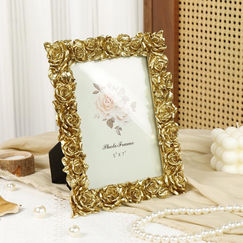 Cuspin 5x7 Picture Frame Vintage Gold Frames, Gold Ornate Rose Flower Resin Photo Frame with Glass Front for Wall Hanging or Tabletop Display, Elegant Home Decor - Image 3
