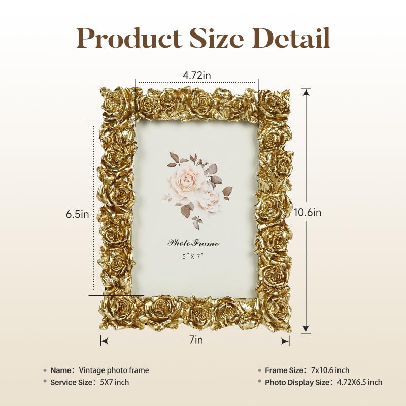 Cuspin 5x7 Picture Frame Vintage Gold Frames, Gold Ornate Rose Flower Resin Photo Frame with Glass Front for Wall Hanging or Tabletop Display, Elegant Home Decor - Image 5