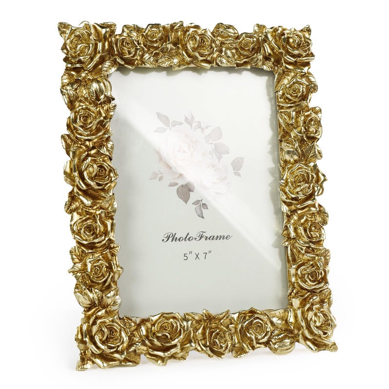 Cuspin 5x7 Picture Frame Vintage Gold Frames, Gold Ornate Rose Flower Resin Photo Frame with Glass Front for Wall Hanging or Tabletop Display, Elegant Home Decor - Image 1