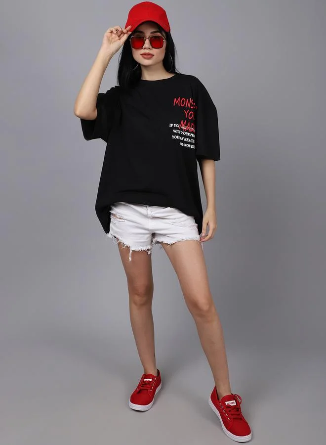 Styli Women Black Oversized Graphic Print T-Shirt By Door74