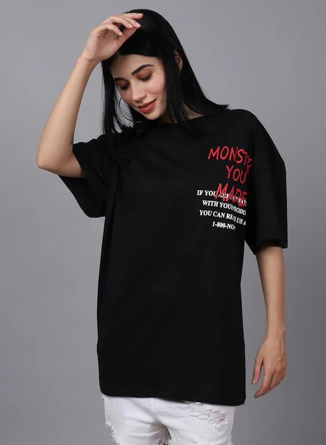 تايك تو تيشيرت نسائي أسود كبير بطبعة جرافيك من دور