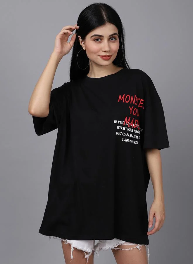 تايك تو تيشيرت نسائي أسود كبير بطبعة جرافيك من دور