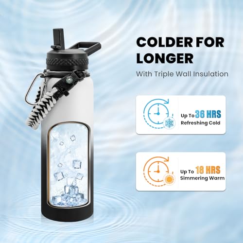 RAYMYLO Insulated Water Bottle 40 oz Triple Wall Vacuum Stainless Steel Cold for 36Hrs Hot for 18Hrs Leak Proof NonBPA Modern Water Flask Jug with Paracord Handle Straw Spout Lids - Image 3