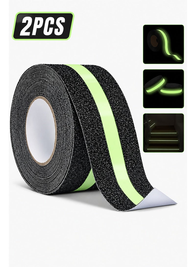 Sisily 2 Roll Anti Slip Safety Grip Tape, 5*500CM Green Glowing in The Dark Non Skid Stage Safety Tape High Traction Grit Stairs Tape Hazard Caution Warning Tape for Steps - Image 1