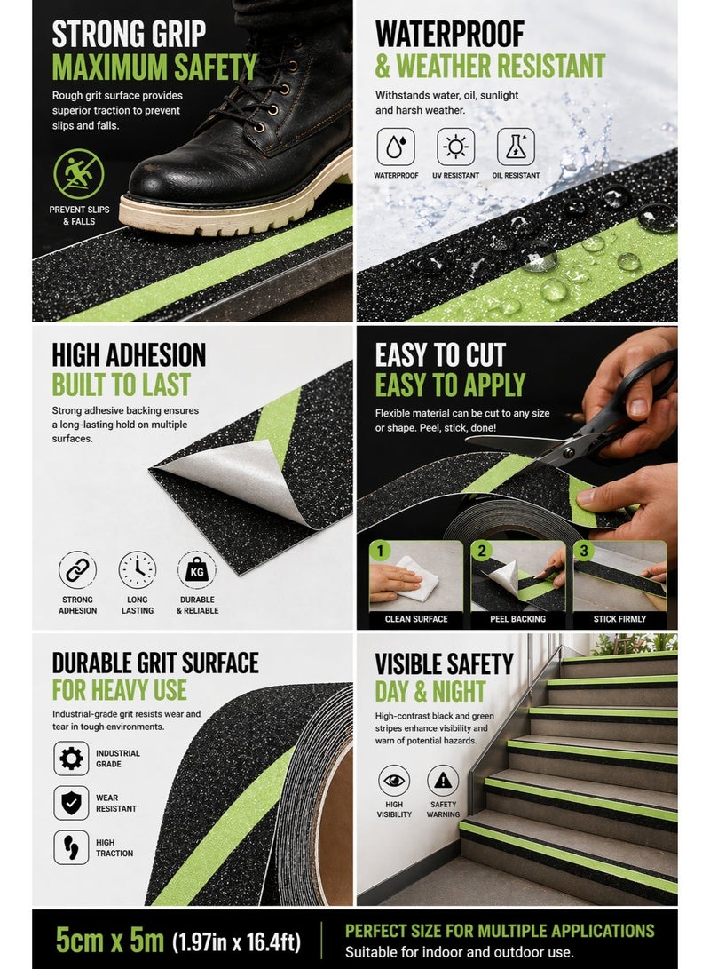 Sisily 2 Roll Anti Slip Safety Grip Tape, 5*500CM Green Glowing in The Dark Non Skid Stage Safety Tape High Traction Grit Stairs Tape Hazard Caution Warning Tape for Steps - Image 5