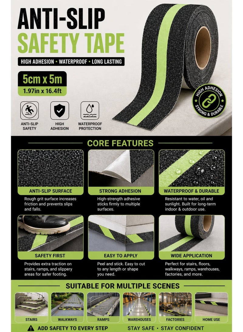Sisily 2 Roll Anti Slip Safety Grip Tape, 5*500CM Green Glowing in The Dark Non Skid Stage Safety Tape High Traction Grit Stairs Tape Hazard Caution Warning Tape for Steps - Image 3