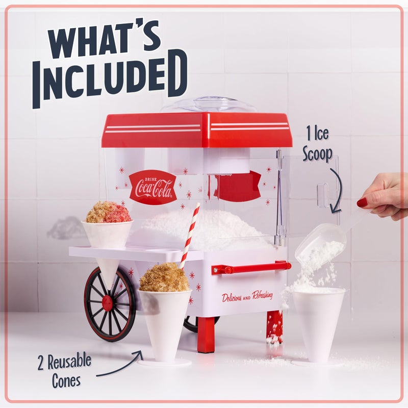 Nostalgia Coca-Cola Snow Cone Shaved Ice Machine - Coke Retro Table-Top Slushie Machine Makes 20 Icy Treats - Includes 2 Reusable Plastic Cups & Ice Scoop - White & Red - Image 4