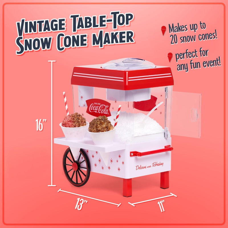 Nostalgia Coca-Cola Snow Cone Shaved Ice Machine - Coke Retro Table-Top Slushie Machine Makes 20 Icy Treats - Includes 2 Reusable Plastic Cups & Ice Scoop - White & Red - Image 2